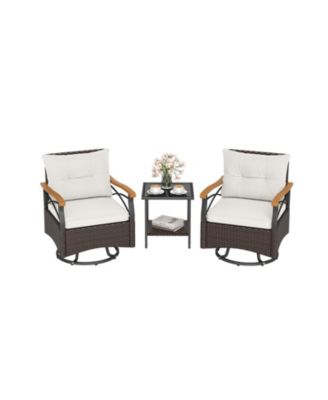 3-Piece Outdoor Swivel Wicker Chair Set with Tempered Glass Side Table