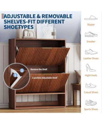 Fluted Shoe Cabinet with 2 Flip Drawers, Open Bottom Shelf and Side Hooks for Entryway Storage