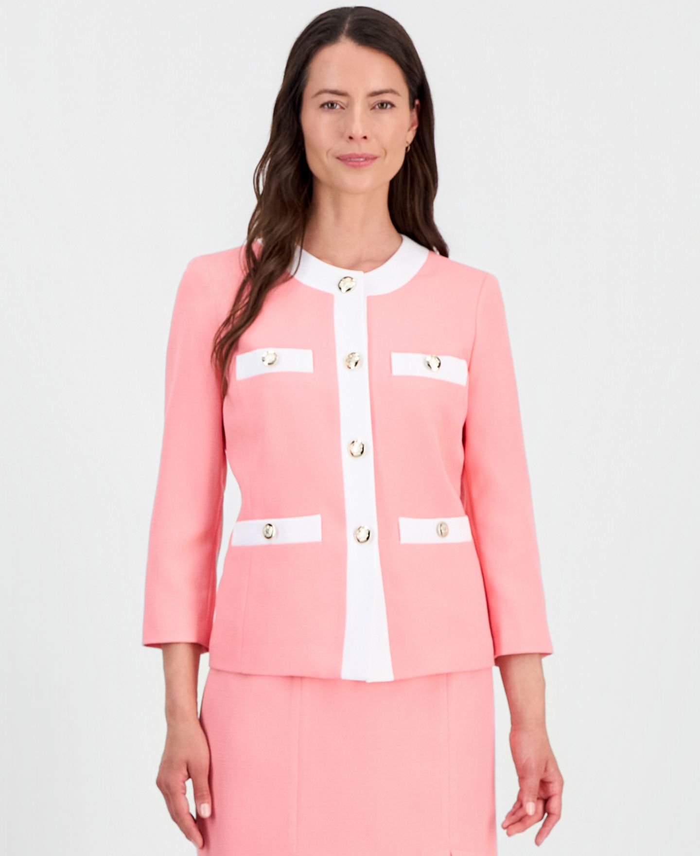 Женские юбки Le Suit Jewel-Neck Framed Jacket & Box-Pleat Pencil Skirt Suit, цвет: Фламинго / Белый — фото 6