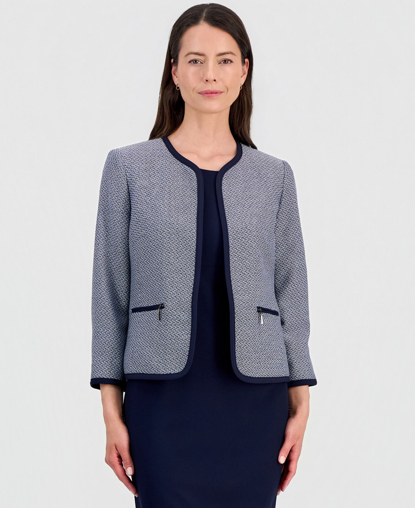 Женские платья Le Suit Zipper-Pocket Open Cardigan & Empire-Seamed Dress Suit, цвет: Midnightnvy/Natwhite — фото 2