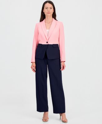 Plus Size Colorblocked One-Button Peplum Jacket & Fly-Front Wide-Leg Pants Suit
