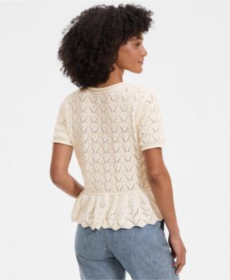 Women's Drifter Pointelle Ruffle Hem Cardigan Sweater