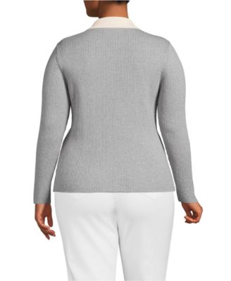 Plus Size Cotton Ribbed Long Sleeve Polo Sweater
