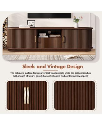 Fluted Entertainment Center for TVs Up to 75 Inches, Farmhouse Style Media Stand with Sliding Wood Slatted Doors and Drawer for Living Room