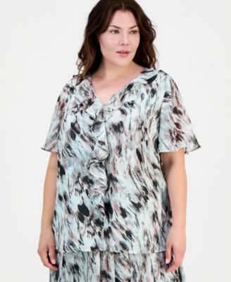 Plus Size Printed Ruffled Flutter-Sleeve Blouse