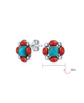 Western Native-American Style Turquoise and Red Stud Earrings .925 Sterling Silver