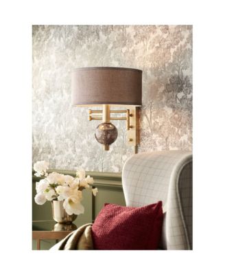 Modern Swing Arm Wall Lamp Painted Polished Brass Plug-In Light Fixture Dark Taupe Drum Shade for Bedroom Living Room