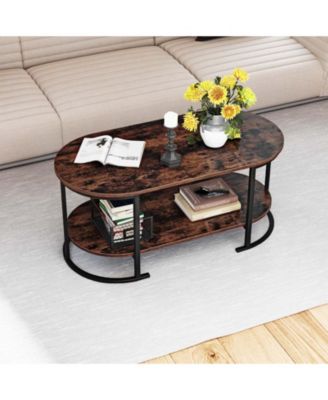 Wooden Oval Coffee Table 2 Tier with Open Storage Shelf