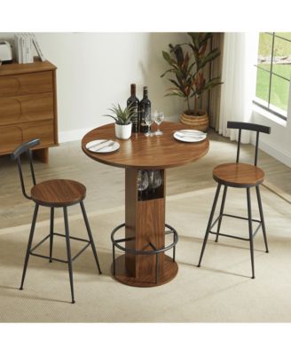 3-Piece Bar Table Set with 31.5-Inch Round Table and 2 Stools with Metal Footrest Ring