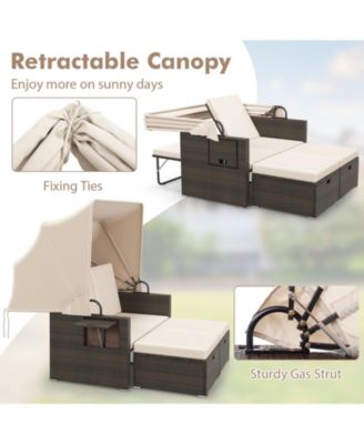 Outdoor Patio Rattan Daybed with Retractable Canopy and Backrests