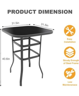 Patio Bar Height Table, Metal Frame Patio Bar Table Tempered Glass, Height High Top Outdoor Table for Backyard, Poolside and Garden
