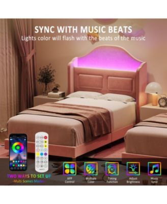 Upholstered Bed Frame with Led Lights, Velvet Platform Bed Frame with Wing Back Storage Headboard