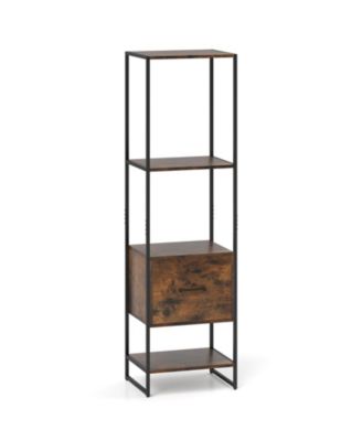 Narrow 5-Tier Bookcase with Open Shelves and Storage Drawer