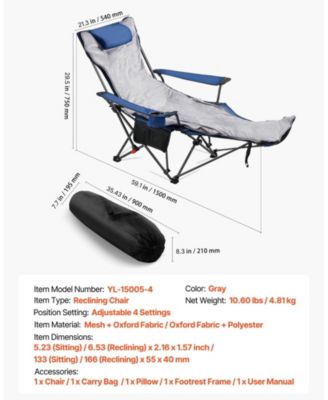 Reclining Camping Chair 4 Adjustable Positions Folding Lounger with Footrest