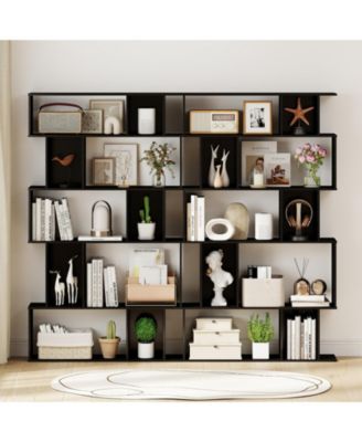 Five Tier Geometric Bookcase with Open Shelves and Cube Storage