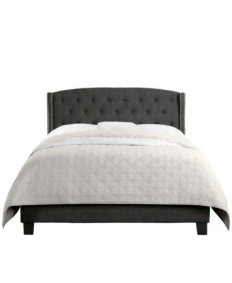 High Back Upholstered Bed Frame with Studded Detail Platform Bed with Solid Wood Frame and Soft Fabric