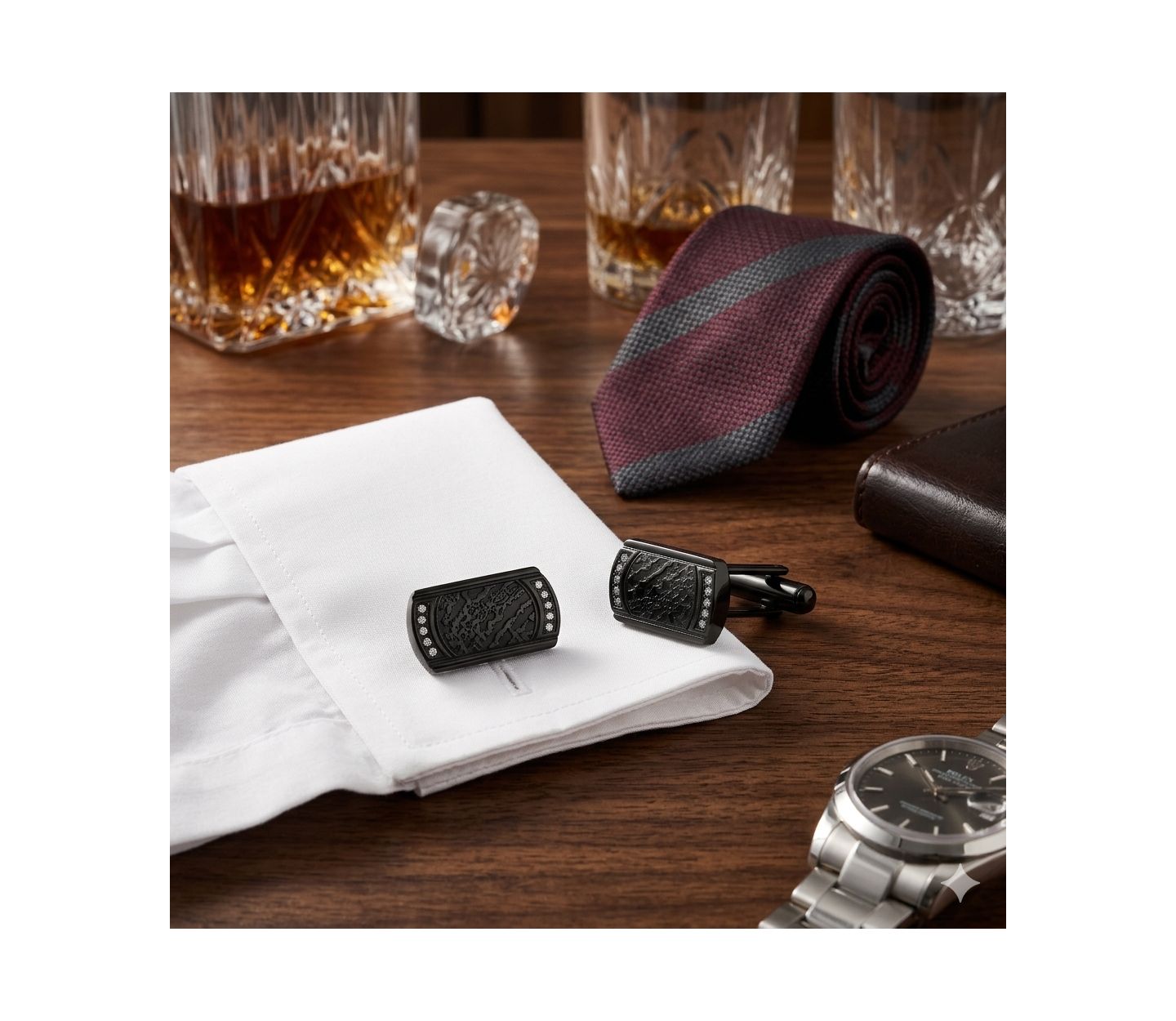 Мужские запонки Metallo Stainless Steel, Textured CZ Cuff Links, цвет: Чёрный — фото 3
