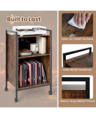 Mobile Record Player Stand with Power Outlet Storage