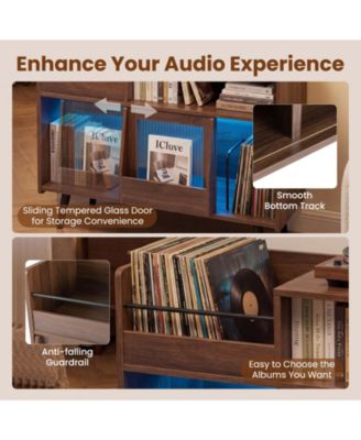 Large Record Player Stand with LED Lights Power Outlets and Door