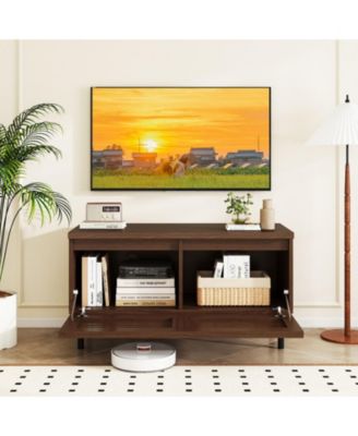 Mid-Century Fluted TV Console with Hidden Compartments and Metal Legs