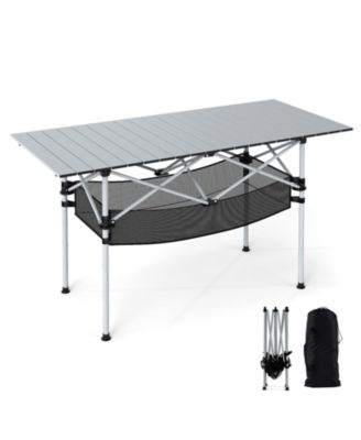Portable Roll-Up Aluminum Camping Table with Mesh Basket
