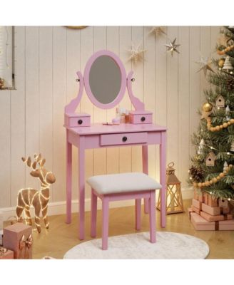 Wood Makeup Vanity Desk and Stool Set - Dressing Table with Mirror and 3 Storage Drawers for Bedroom