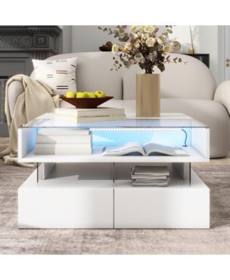 Lift-Top Coffee Table, Modern Square Center Table - 2 Drawers, Hidden Space, LED Lights and High-Gloss Finish for Living Room