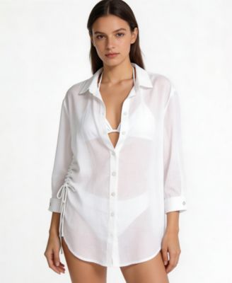 Women's Long-Sleeve Collared Cover-Up Beach Swim Cover-Up Shirt