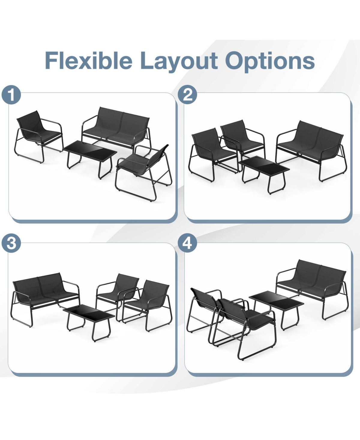 Slickblue Patio Furniture Set, 4-Piece with Fabric Chairs, Loveseat and Glass Coffee Table