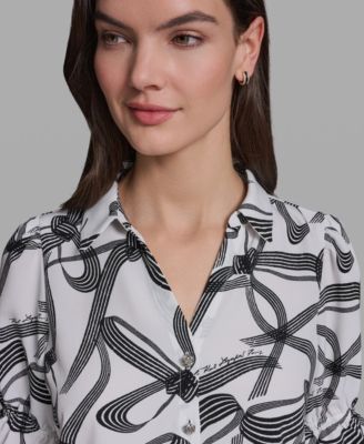 Petite Bow Print Collared Blouse