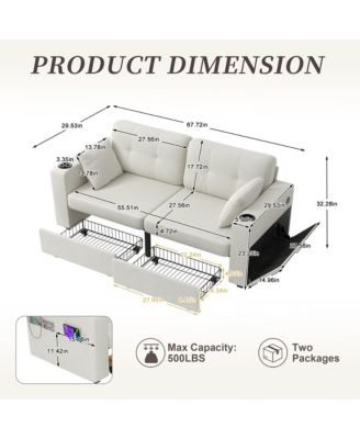 Loveseat Sofa, 67" Chenille 2-Seater Couch - Storage, USB Charging, Cup Holder and Wood Frame for Living Room, Apartment
