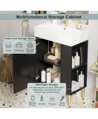 21.6" Bathroom Vanity with Ceramic Sink, Bathroom Storage Cabinet with Right Side Storage