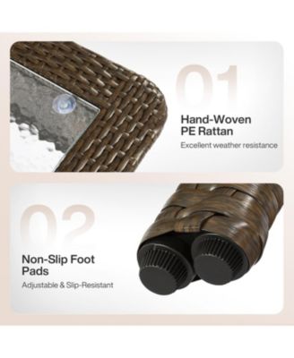 Outdoor Wicker Coffee Table with Hammered Glass Top, Hand PE Rattan Wicker Patio Furniture Set, All-Weather Rectangular Patio Table