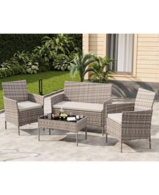 4-Piece Patio Furniture Set, Rattan Outdoor Furniture with Upholstered Sofa, 2 Chairs and Coffee Table, Modern Conversation Bistro Set