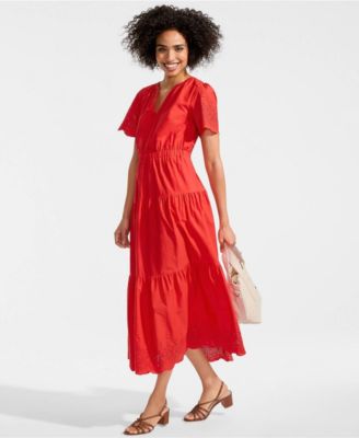 Women's Tiered Cotton Poplin Eyelet Maxi Dress