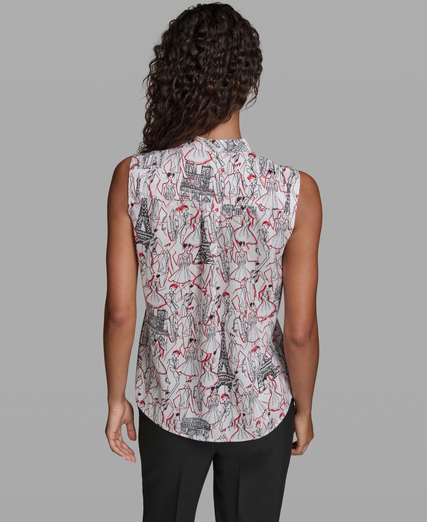 Женская блузка KARL LAGERFELD PARIS Tie-Neck Sleeveless Printed Blouse, цвет: Мягкий белый / Чёрный — фото 5