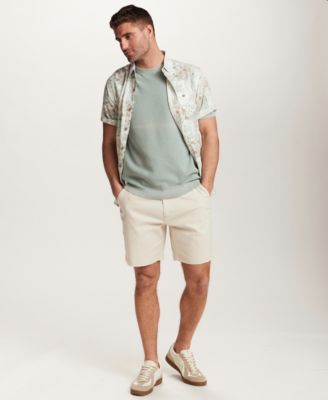 Vintage Men's Short-Sleeve Button-Down Linen Rayon Print Shirt, Short-Sleeve Brick Crewneck Sweater, and Regular-Fit Stretch Twill 8" Shorts