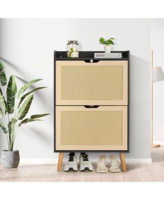 Rattan Shoe Cabinet with 2 Flip Drawers, 9.25 Inch Depth, Slim Entryway Storage