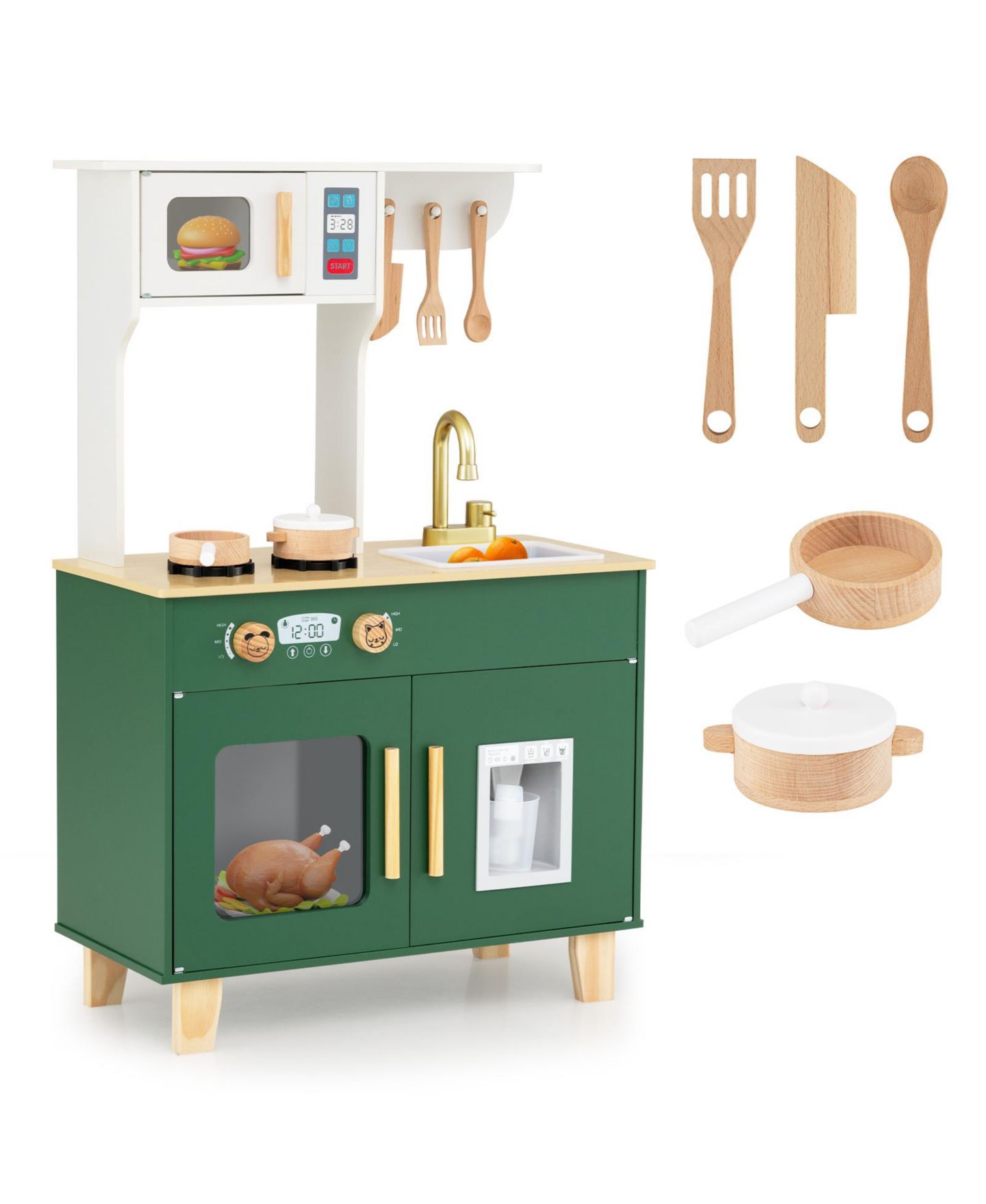 Детская игрушка Slickblue Wood Pretend Play Kitchen with Microwave and Rotating Knobs, 1-Piece, Ages 3+, цвет: Зелёный — фото 4