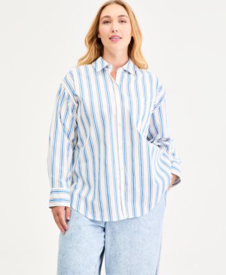 Plus Size Bayside Stripe Button-Front Cotton Shirt