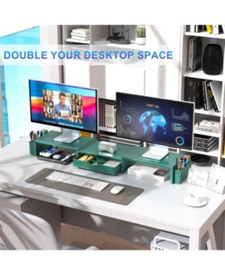 Dual Monitor Stand Riser Desk Organizer Drawer 2 Pen Holders Shelf