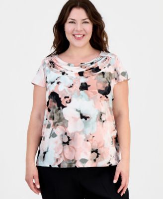 Plus Size Printed Cowlneck Cap-Sleeve Top