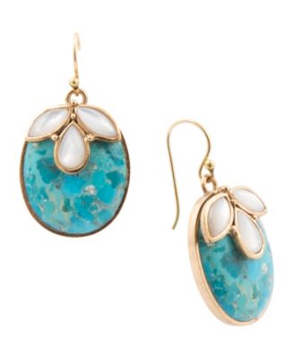 Turquoise and White Imitation Pearl and Blue Turquoise Petal Golden Drop Earrings
