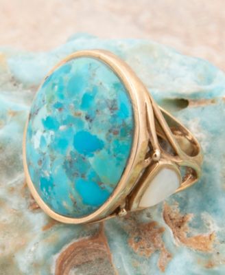 Turquoise and White Mother of Pearl and Blue Turquoise Petal Golden Drop Ring