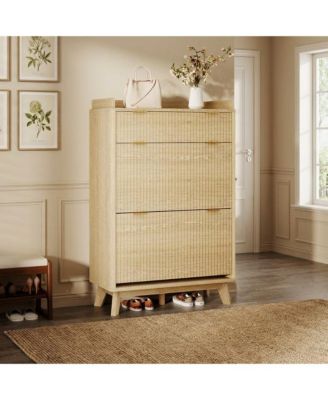 Fluted Shoe Cabinet with 2 Flip Drawers and Top Drawer, Deep Entryway Storage Organizer