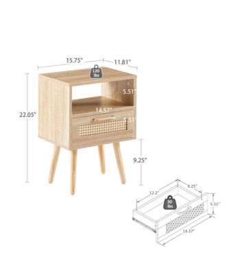 Modern Rattan End Table with Drawer and Solid Wood Legs Nightstand Cabinet