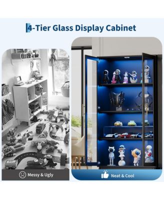 Glass Display Cabinet with RGB LED Lights – 4-Tier Curio Storage Case, Glass Doors, Motion Sensor, USB Charging