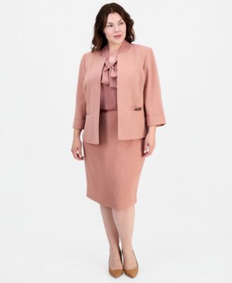 Plus Size 3/4-Sleeve Open-Front Blazer & Pencil Skirt