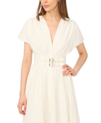 Women's V-Neck Short-Sleeve Cinch Waist Cotton Midi Dress