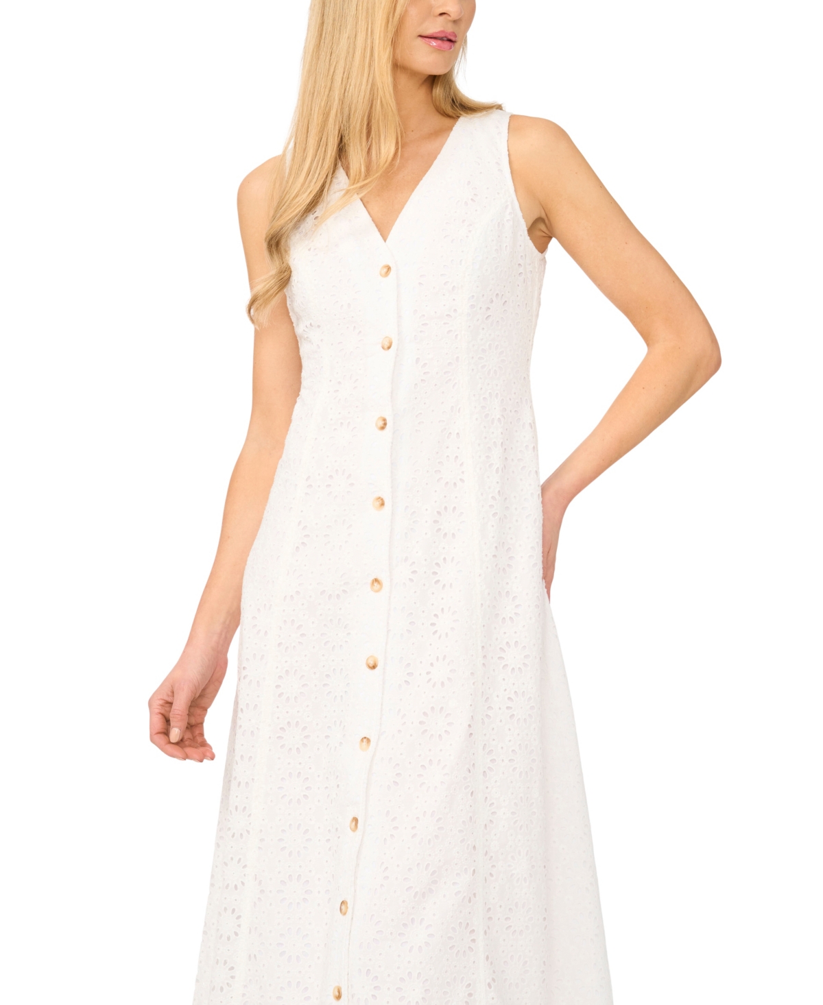 CeCe Women's V-Neck Sleeveless Button-Down Cotton Midi Dress